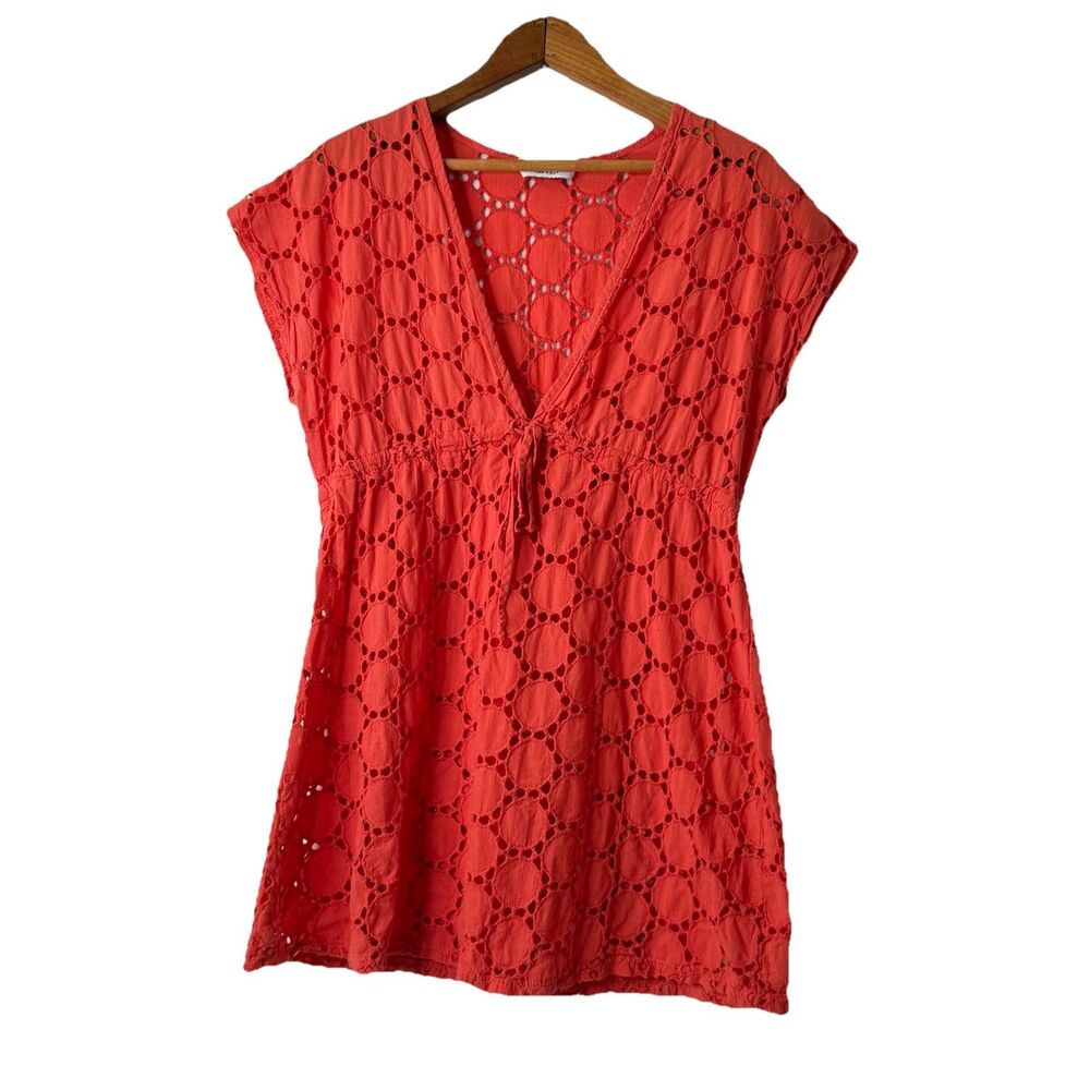 Vtg 90s Jordan Taylor Eyelet Babydoll Swim Coverup Cotton Coral Coastal Boho L